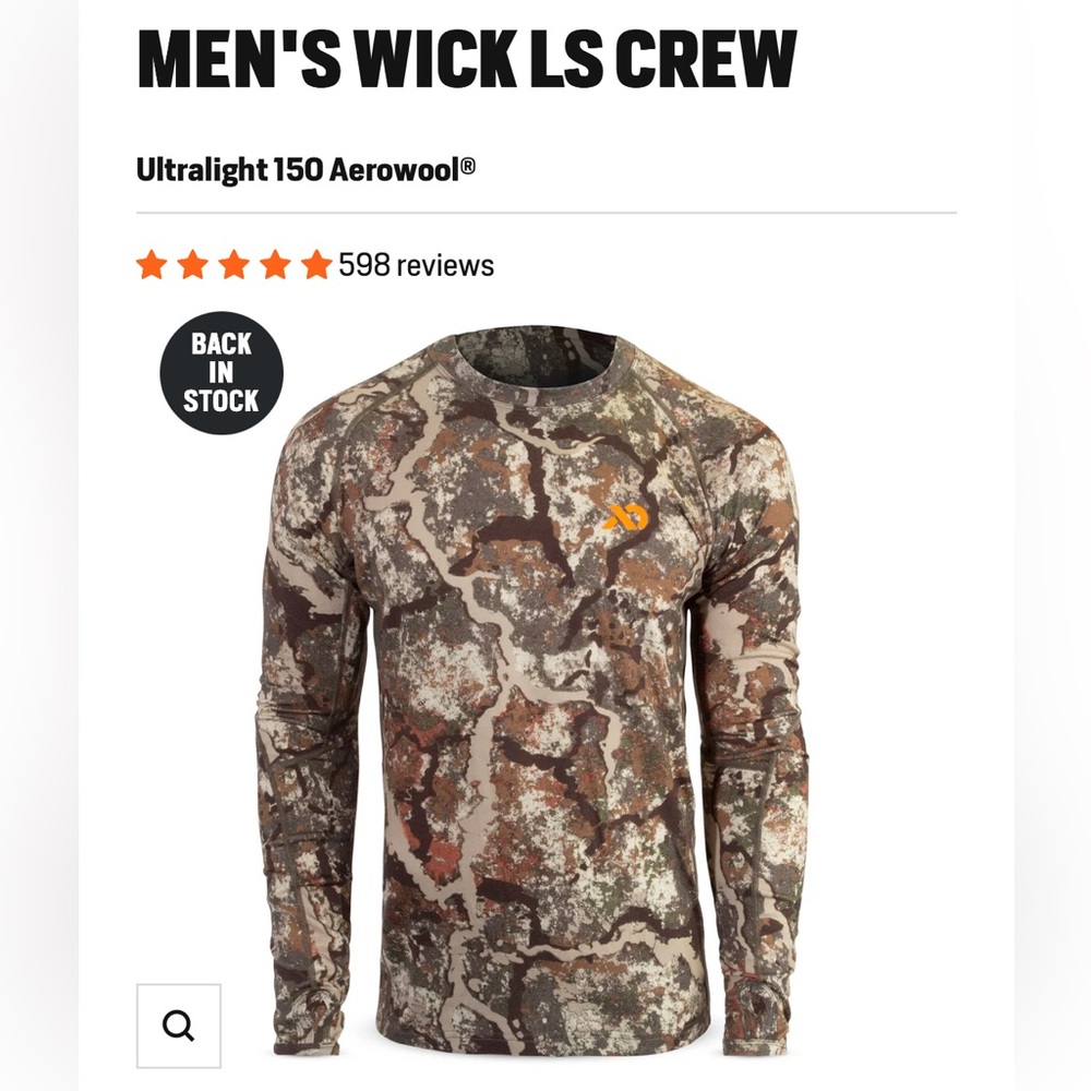 First Lite Men’s Wick LS Crew Merino Wool Camouflage Long Sleeve Tee Size XL